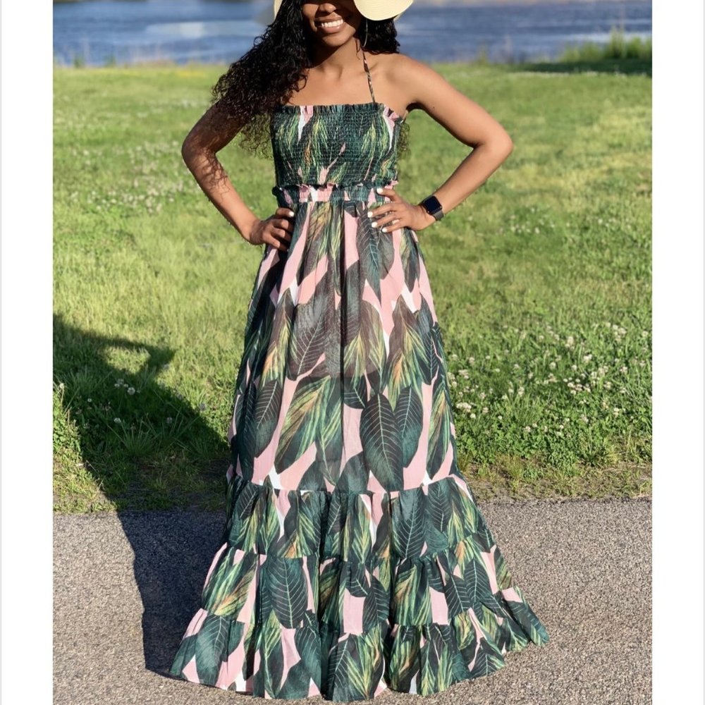 Green and Pink Floral Maxi Dress